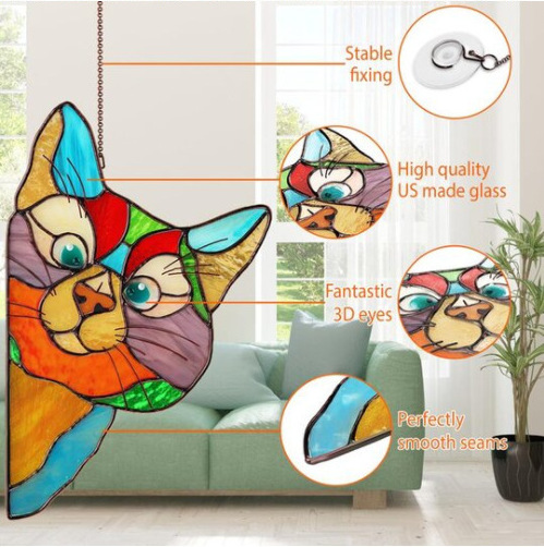 跨境新款Stained Glass Cat Window Hanger卡通动物窗饰挂件装饰