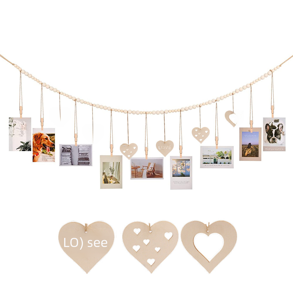 Wooden beads photo hair clip storage photo display with wooden beads photo storage hemp rope bead clip home decoration