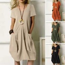 summer hot cotton and linen solid color loose round neck short sleeve dress