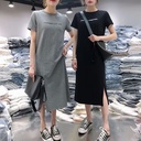 Korean style summer short sleeve split dress casual women's belly covering plus size loose mid-length T-shirt over the knee skirt