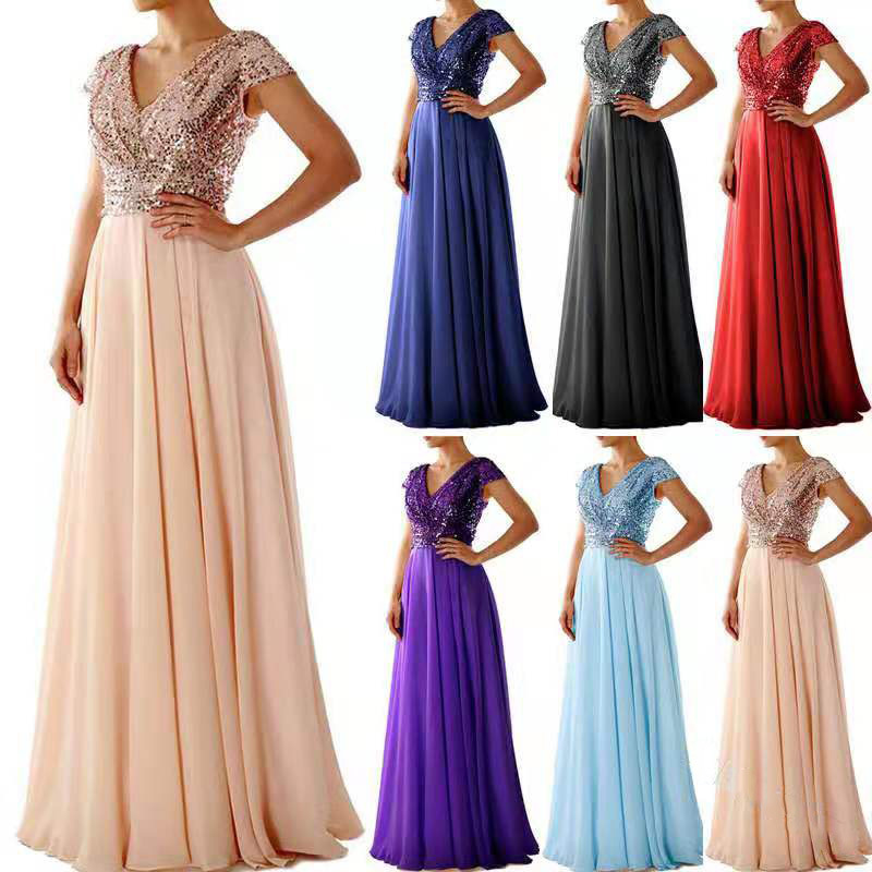 Summer Chiffon Dress V-Neck Sequin Solid Color Stitching Evening Dress Long Dress