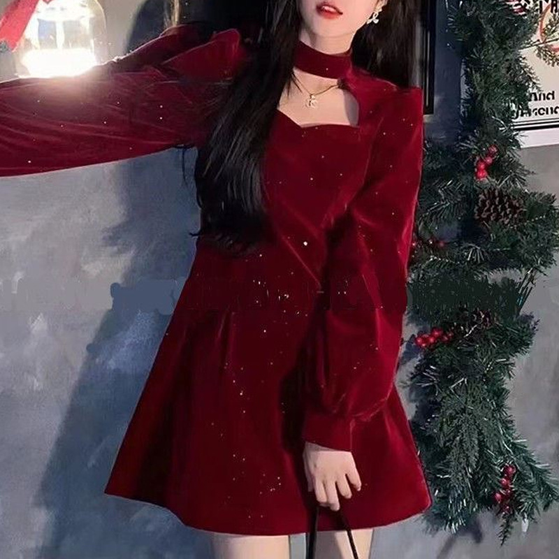 autumn and winter Hepburn style high-end sexy neck velvet red dress autumn and winter Christmas women's clothing