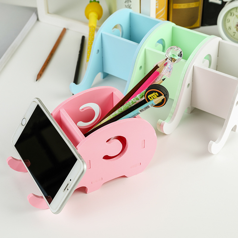 Multi-functional creative elephant office pen holder cute desktop wooden storage box home desktop mobile phone holder