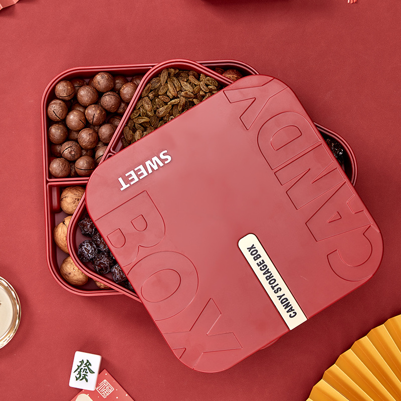 Chinese Red Fruit Plate Living Room Coffee Table Candy Box Snacks Melon seeds Storage Box with Lid Divided Multi-layer Overlapping Dried Fruit Plate