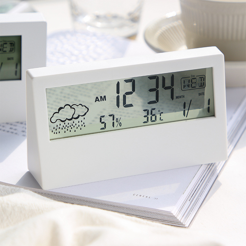 跨境推荐温湿度计时钟创意天气显示夜光小闹钟ins透明款电子闹钟