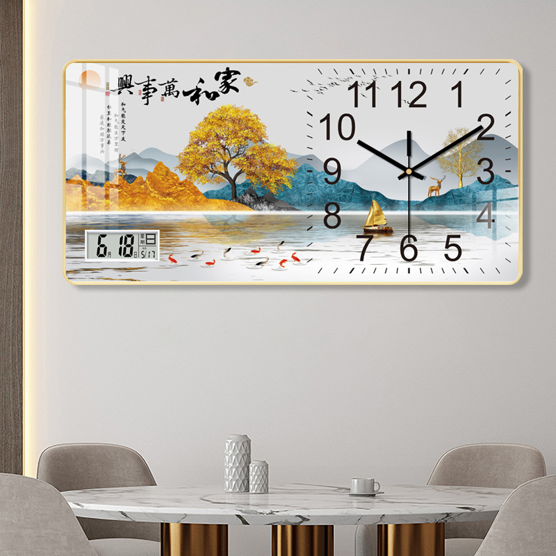 创意长方形挂钟客厅晶瓷画挂墙石英钟静音家用带日历静音餐厅时钟