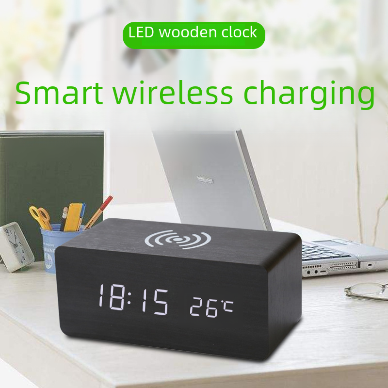 Home Wooden clock wireless charging intelligent voice control mute electronic alarm clock led wooden clock wireless charging digital display clock