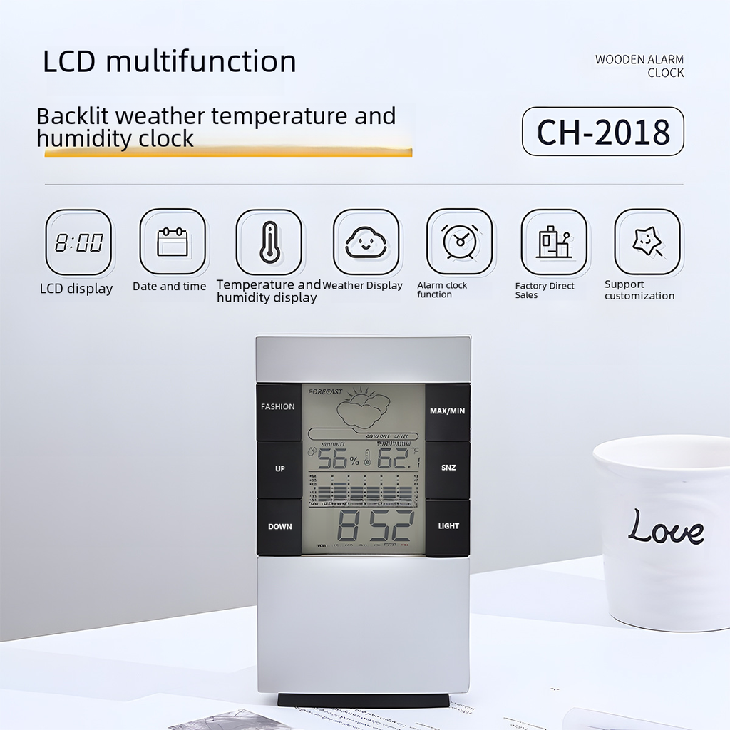 Simple weather clock electronic clock air temperature and humidity timepiece perpetual calendar alarm clock blue screen alarm clock 3210