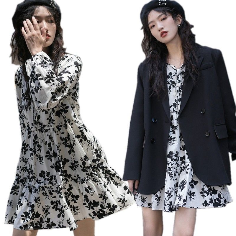Korean Style Slimming Floral Dress for Chubby Girls Women's Spring and Summer Loose Short Skirt Small Slimming Pleated A- Line Skirt