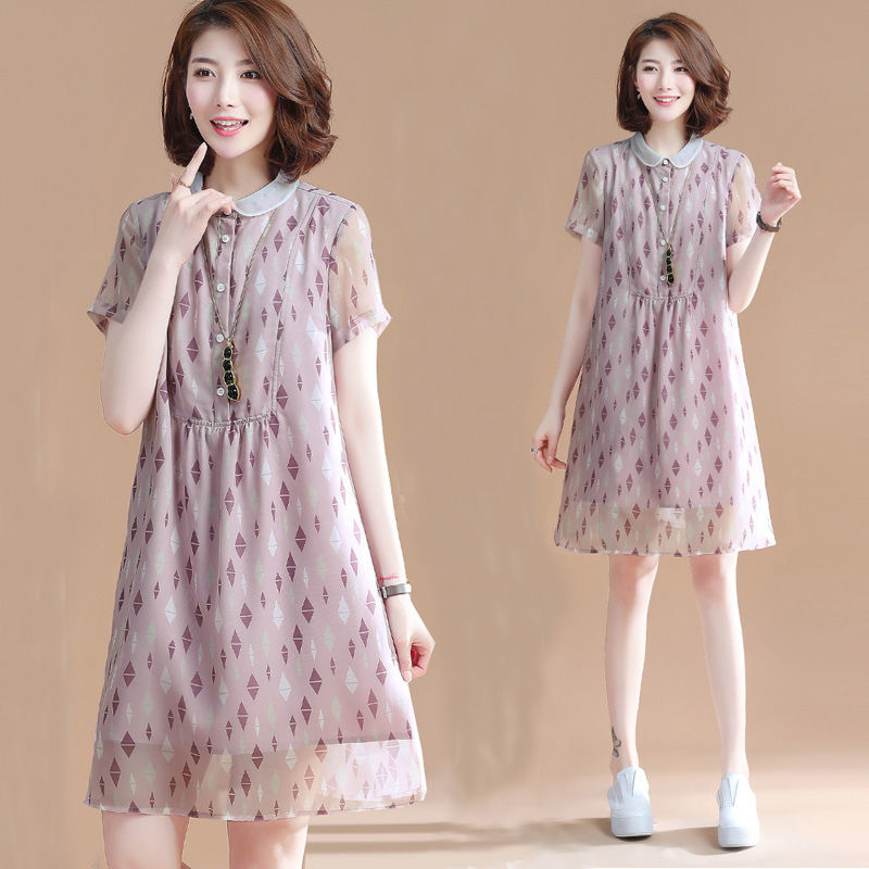 High-end Dress Large Size 40-year-old Age-reducing Dress Summer Belly-covered Chiffon Doll Collar A- line Dress