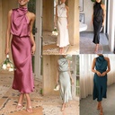 Independent Station Summer Spot Light Mature Temperament Women's Sleeveless Neck Solid Color Satin Dress