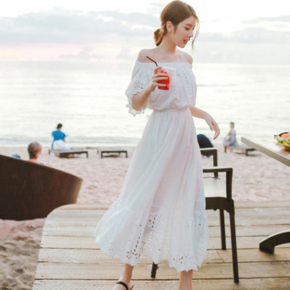 Bohemian Long Dress Women's Summer White Beach Dress Seaside Holiday Beach Dress Strapless Off-shoulder Dress