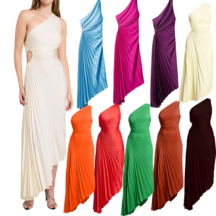 women's explosions one-shoulder diagonal collar pleated hollow dress (satin)