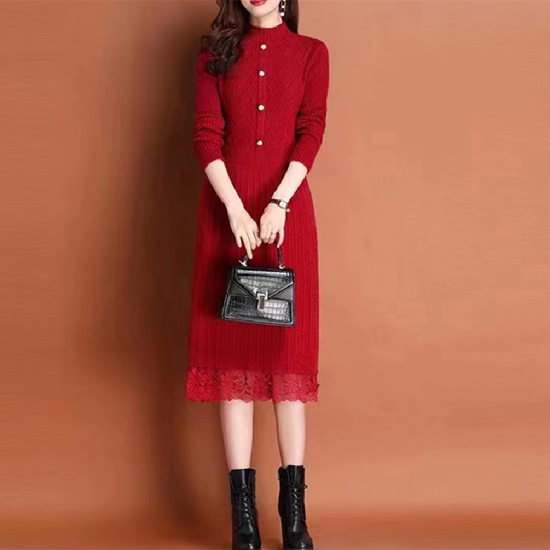 Autumn and Winter Sweater Dress Long Thickened Matching Coat Base Mid-length Over-the-knee Lace Sweater Dress