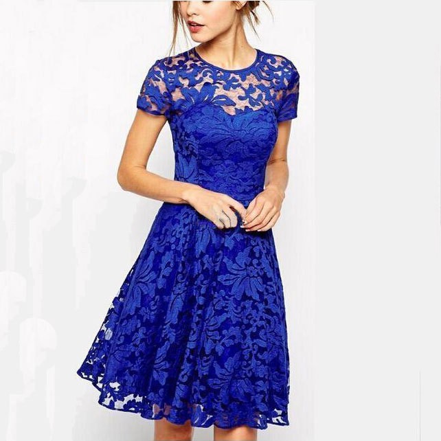 06 temperament fashion round neck short sleeve blue lace dress spot