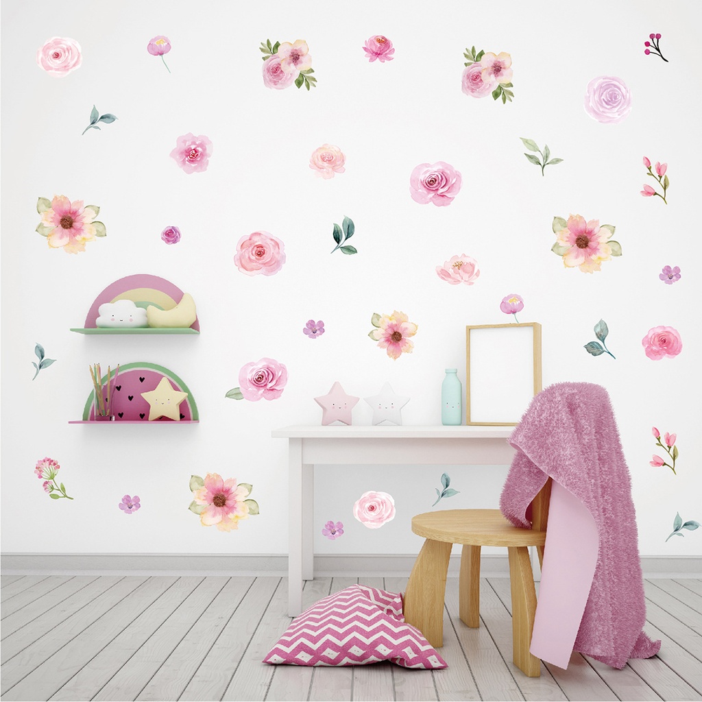 跨境粉色花朵墙贴水彩女孩卧室客厅婚礼派对花卉防水装饰自粘墙贴