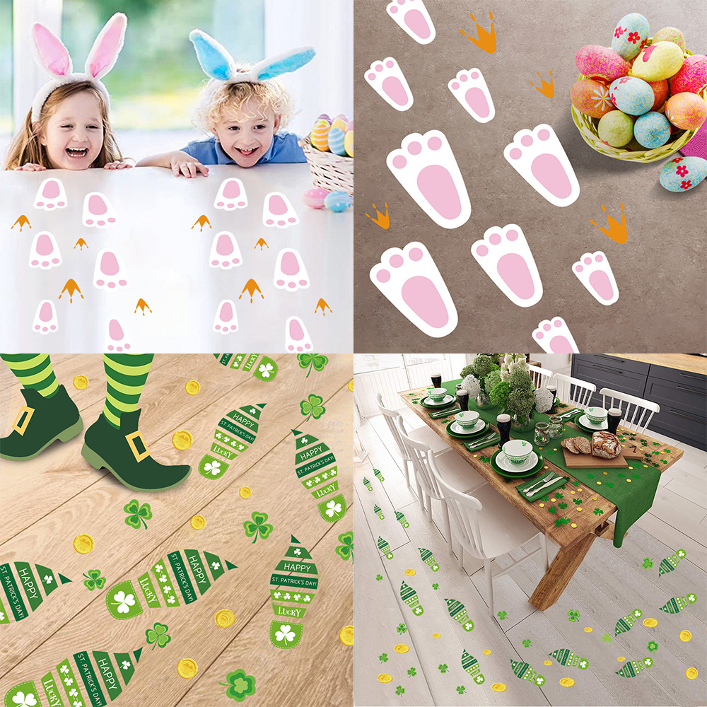 跨境Easter复活节St.Patrick's Day爱尔兰节兔子脚印地板绿色贴纸