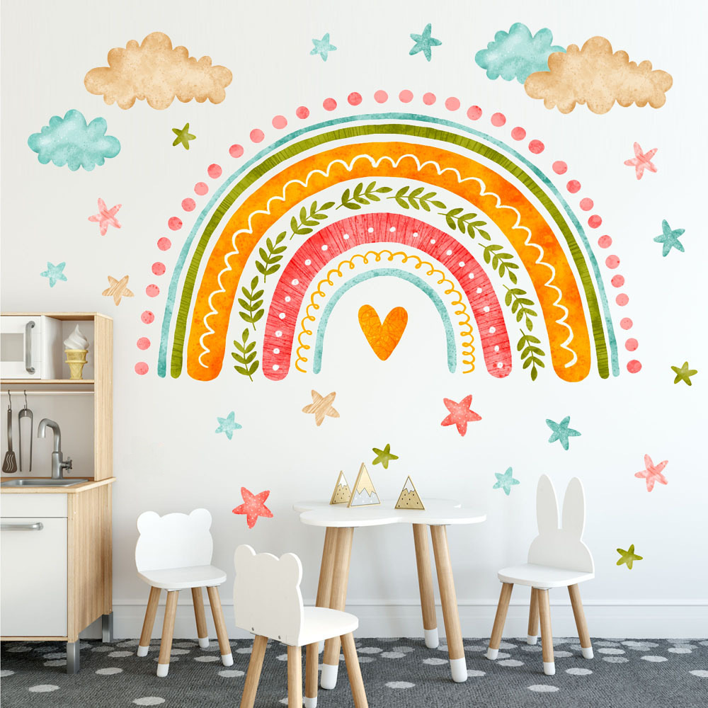 ins Rainbow Stars Clouds Wall Stickers Children's Room Kindergarten Classroom Background Wall Decoration Self-adhesive PVC Stickers