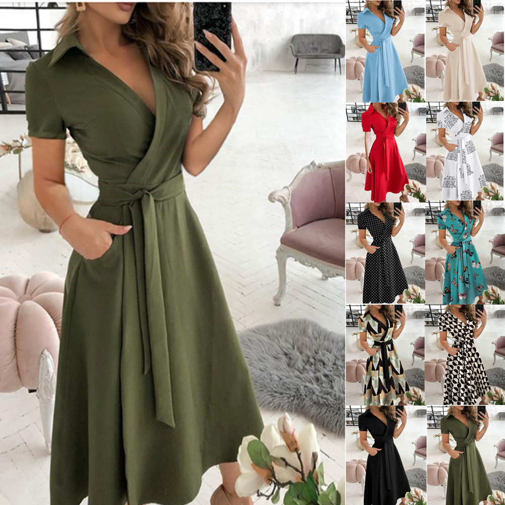 popular spring and summer fashion long sleeve V-neck printed sheath dress women's clothing