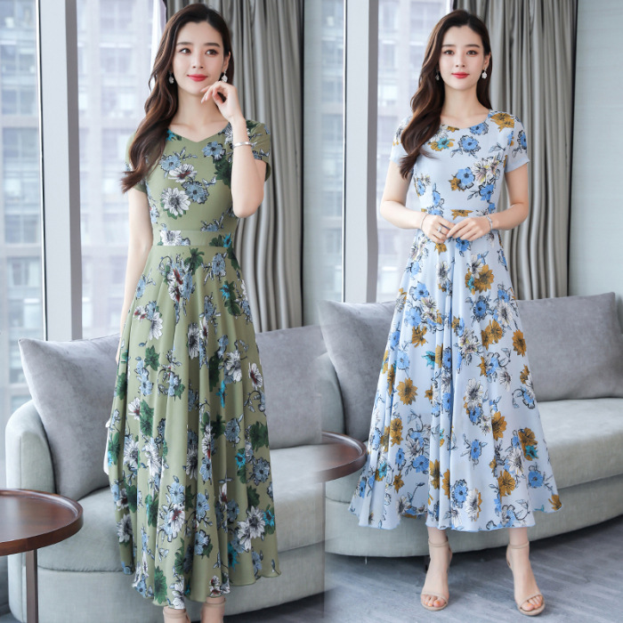 Factory direct floral dress women's slim slim high waist round neck mid-length A- line skirt