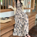 French Style Dress Long Skirt Summer Japanese Style Elegant Tight Waist Retro Rose Flower Floral Sling Factory