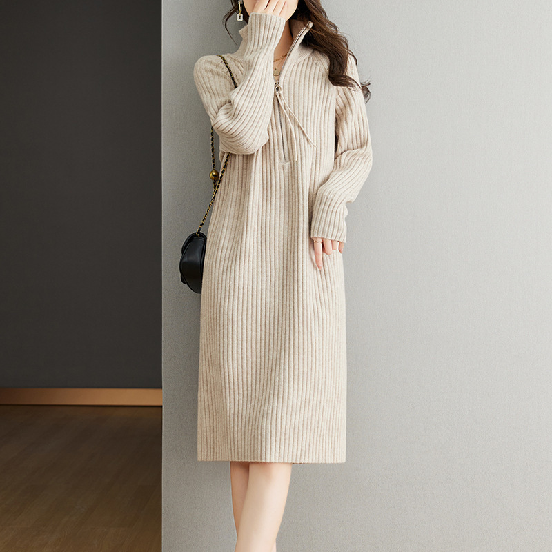 Japanese Half Zip Knitted Dress Autumn and Winter Mid-length Loose Casual Long-sleeved Collar Sweater Dress