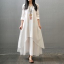 High Quality Fake Two-piece Long Dress Artistic Large Swing Linen Dress Loose Long Sleeve Cotton Linen