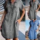 Denim Short-sleeved Shirt Single-breasted Loose Patch Bag Women's A- line Dress