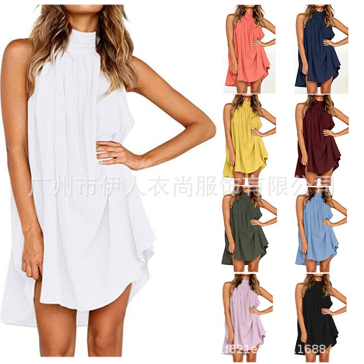 in stock style women's sexy women's summer beach party round neck pleated sleeveless pajamas