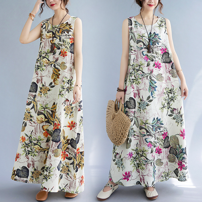 Real Shot Summer Retro Large Size Loose Printed Cotton Linen Round Neck Sleeveless Dress Women's Mid-length