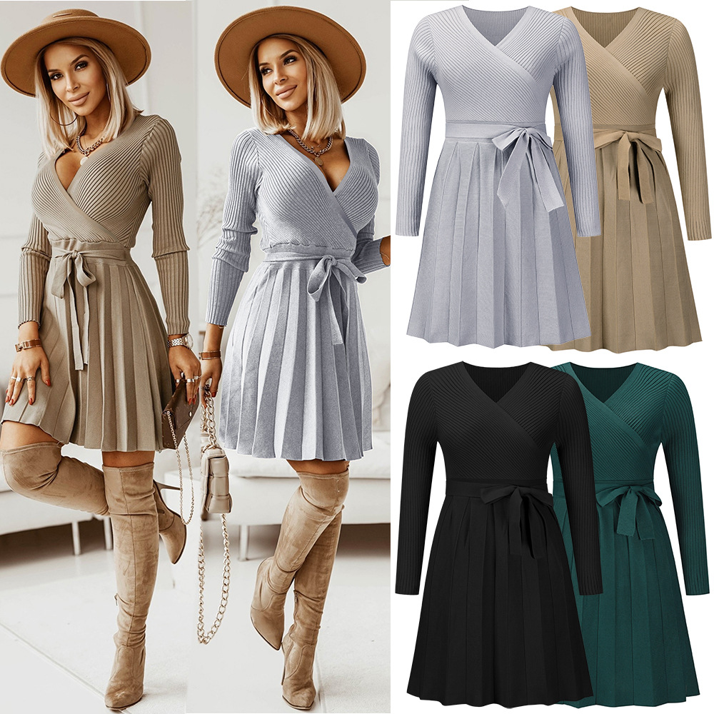 cross V-neck pleated sweater waist skirt women's autumn and winter dress plus size