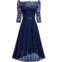 23 Women's Mid-length Dress One-line Collar Mid-sleeve Sexy Lace Chiffon Dress