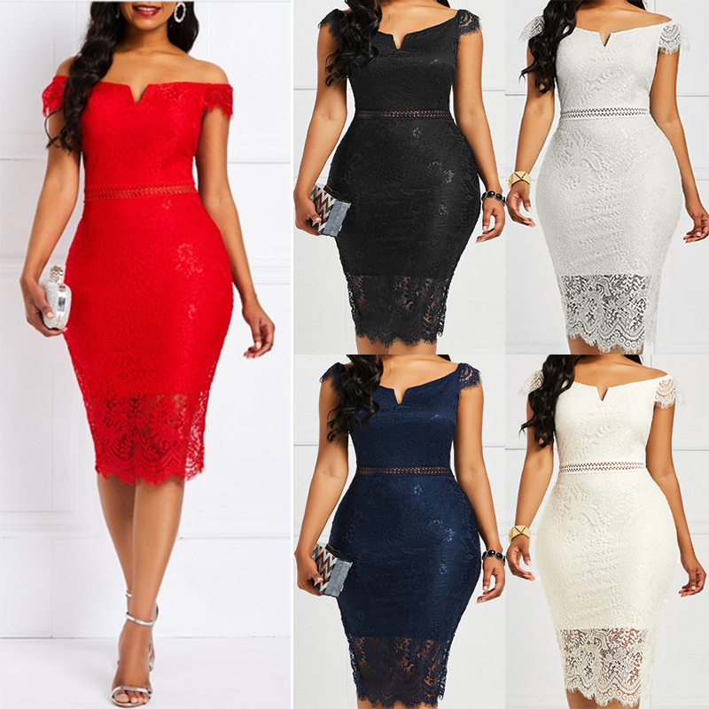 Factory spot evening dress short sleeve V-neck shoulder sexy long hip lace dress