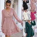 Spot Spring V-neck Long Sleeve Ruffled Slim A- line Dress Commuter Dress for Women