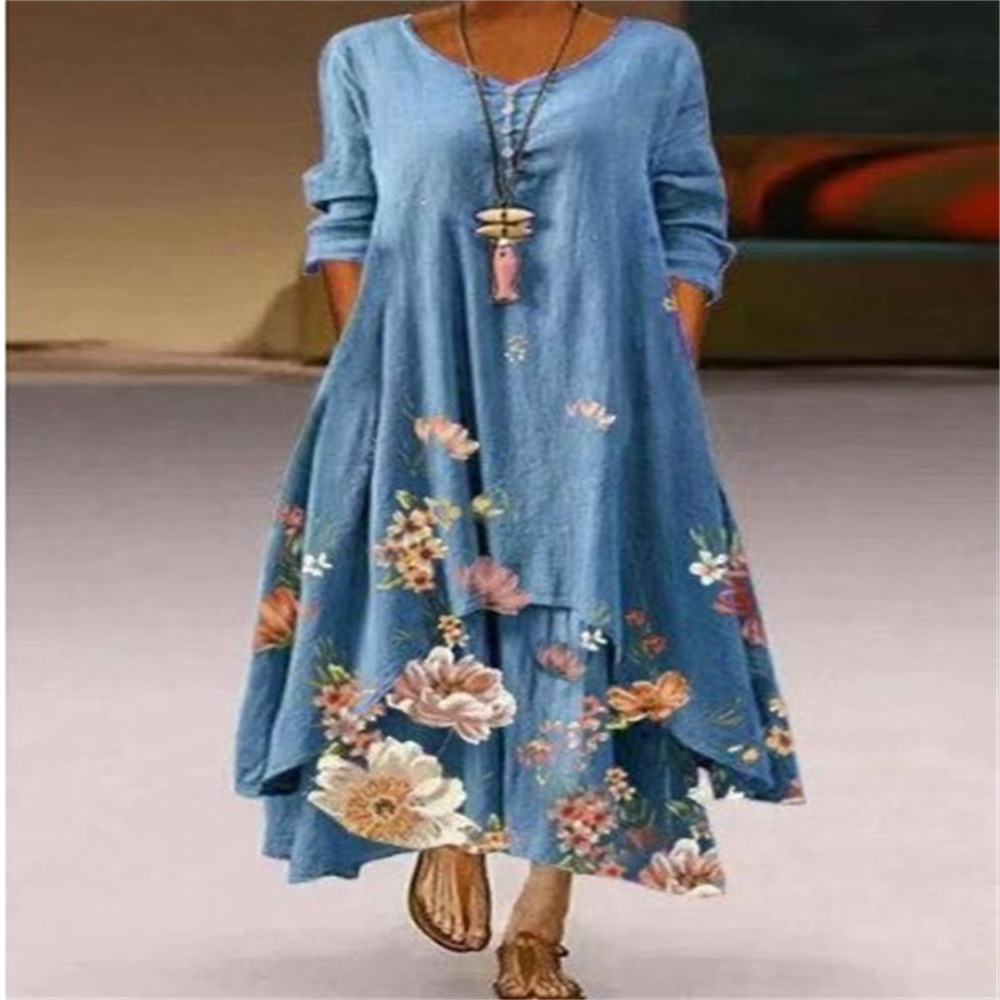 Independent station popular printed long sleeve dress women's irregular skirt spot