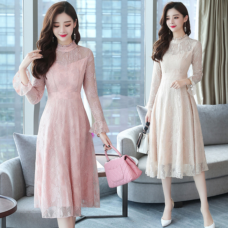 Real Autumn Korean version of long sleeve collar lace dress slim temperament big pendulum skirt