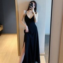 Sling Small Black Dress Sexy Gentle V-neck Base Retro Long Side Split Black Dress for Women