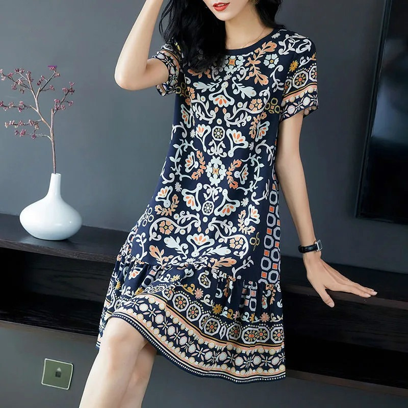 Digital positioning printing does not fade retro literary women's short-sleeved dress original fashion women's dress