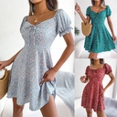 ins Style Real Shot Spring and Summer Casual Trumpet Sleeve Drawstring Lace-up Floral Large Swing Dress Independent Station Women's Wear