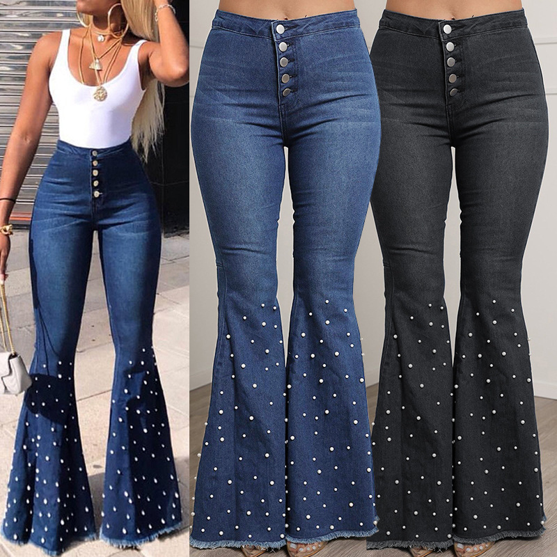 stretch jeans casual beaded flared pants