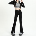Split Jeans Women's Autumn and Winter Fleece-lined Thickened High Waist Straight Slim-fit Elastic Slim-fit Black Micro-flared Pants