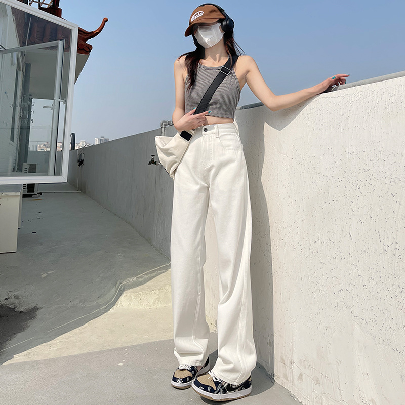 Women's wide-leg jeans Spring straight loose high waist drape slimming white mop pants fashion