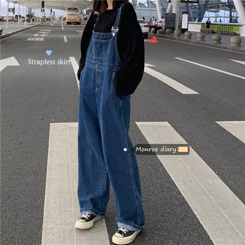 Age-reducing Korean-style Loose Cool Salt Spring and Autumn Wide-leg Denim Suspender Pants Retro Women's Summer Thin Sling One-piece Pants