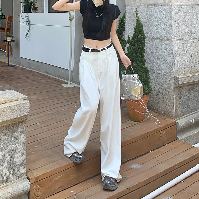 High Waist White Wide Leg Jeans Women's Spring and Summer Loose Slimming Pear-Shaped Body Small Straight Floor Pants