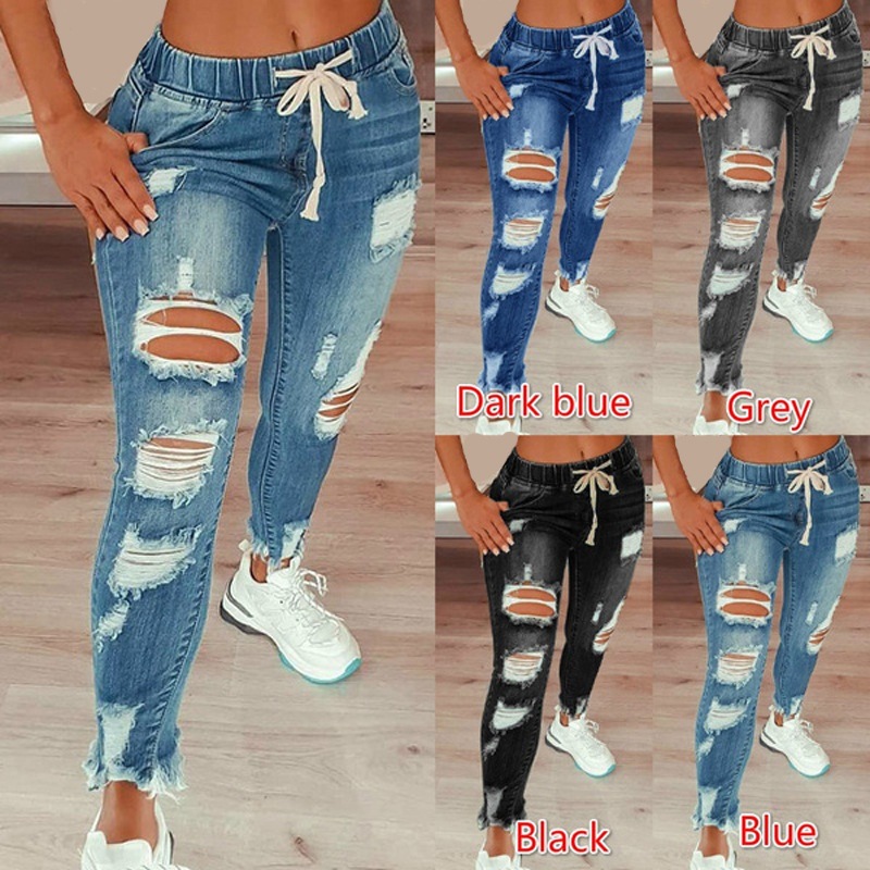 elastic waist women's jeans high waist ripped skinny lace-up trousers