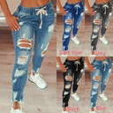 elastic waist women's jeans high waist ripped skinny lace-up trousers