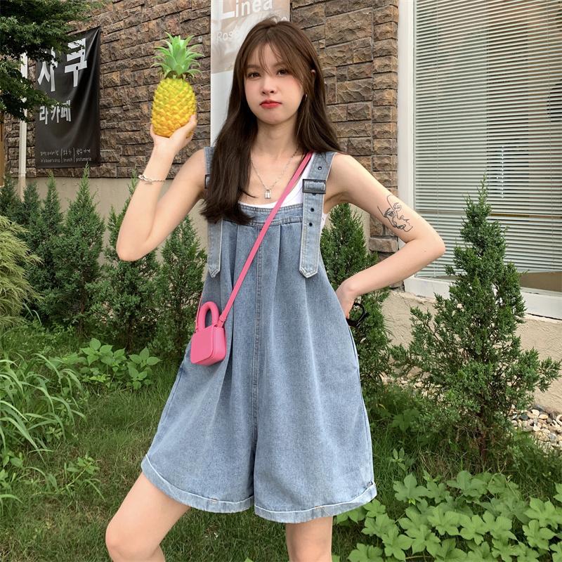 Denim Strap Shorts Women's Summer Korean-style Cute Age-reducing Small Outer Wear Loose Wide-leg Pants