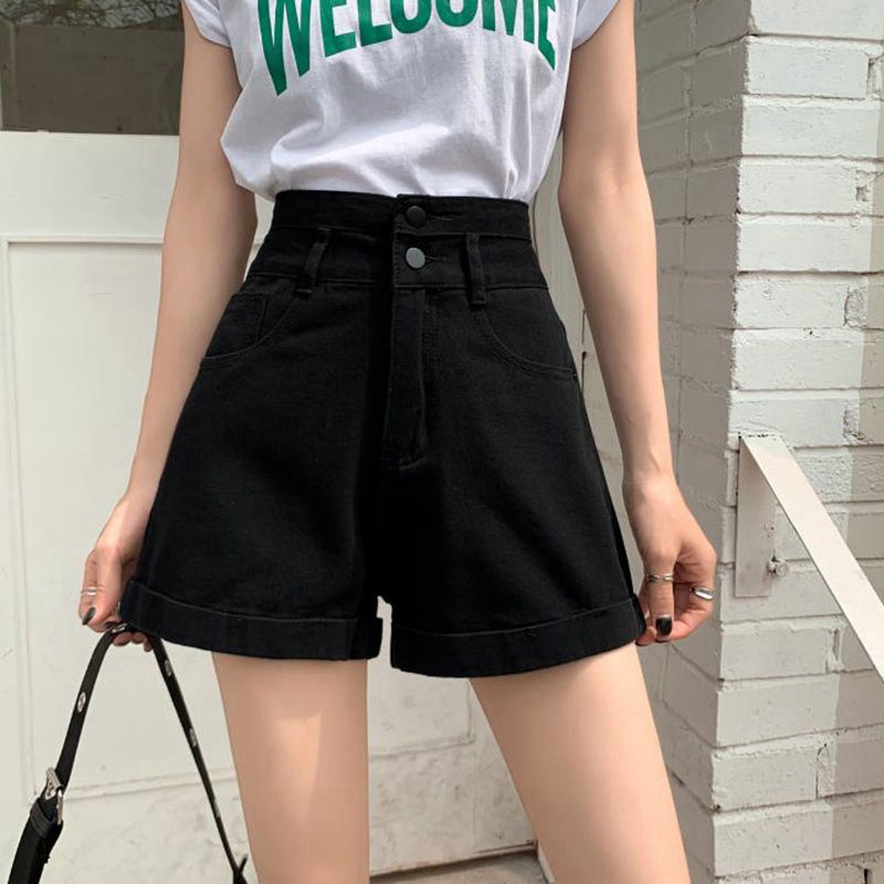 Two Buckle Super High Waist Denim Shorts Women's Summer Slim Korean Style Wide Leg Curl A- line Hot Trendy Pants