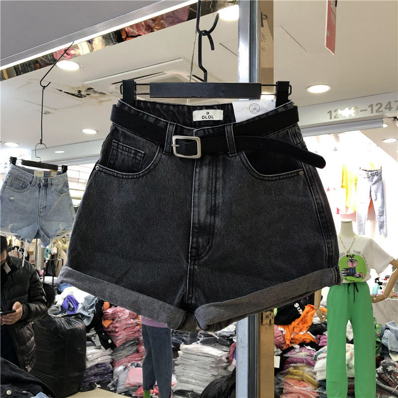 Black and Grey Denim Shorts Women's Summer High Waist Wide Leg Loose Korean Style Slimming Outer Wear a-Shaped Hot Pants