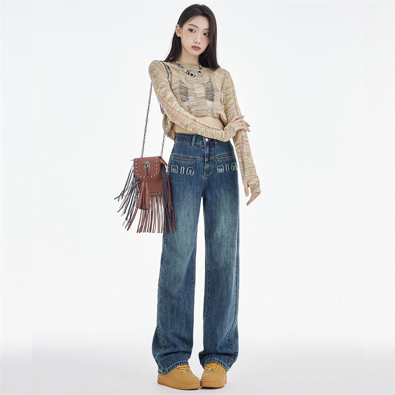 Straight Leg Jeans Women's Dark Blue Embroidered Letters Summer and Autumn Loose Fashionable Slim Look Wide Leg Pants